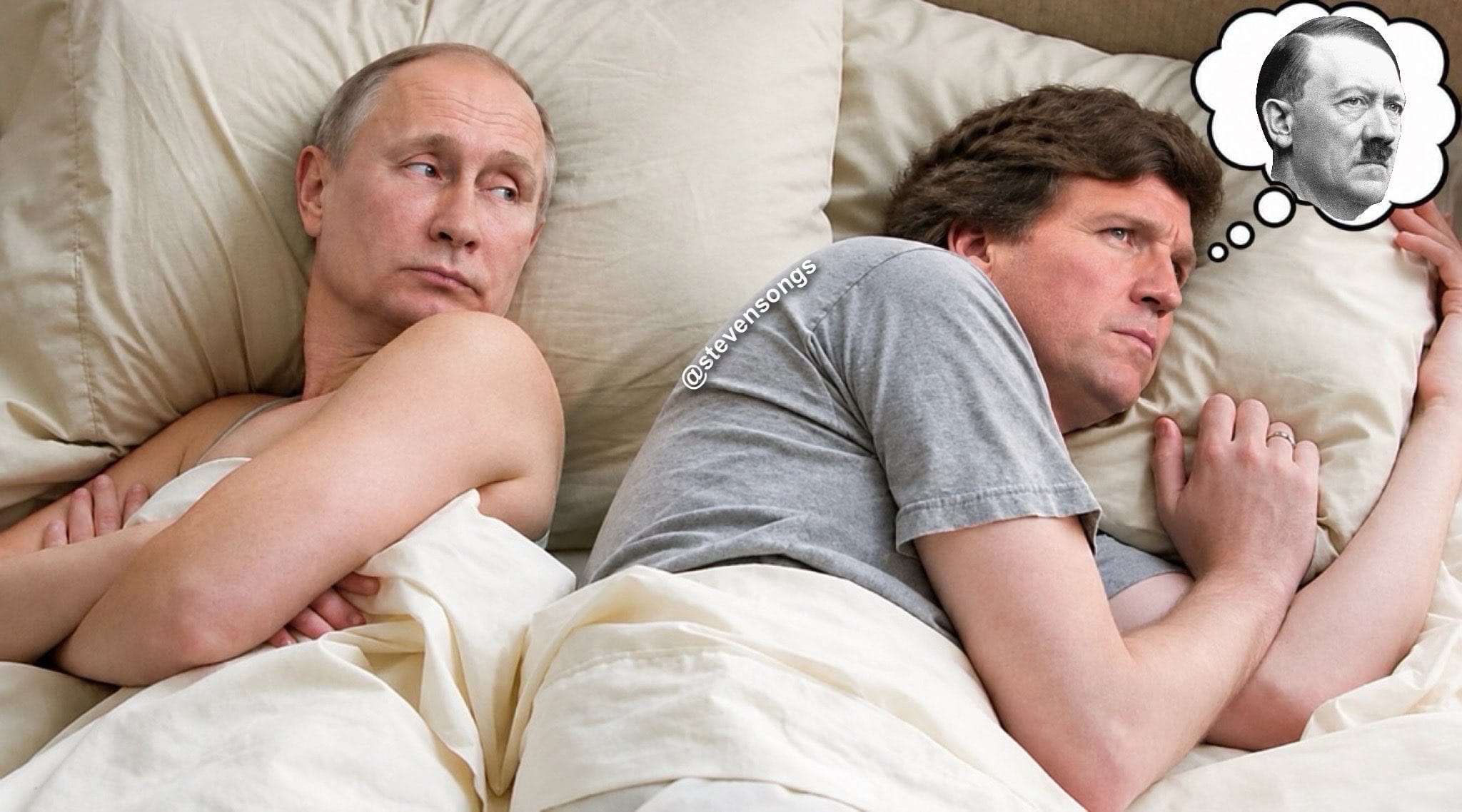 Satirical meme: Vladimir Putin and Tucker Carlson lying in bed back to back, with Carlson daydreaming about Adolf Hitler