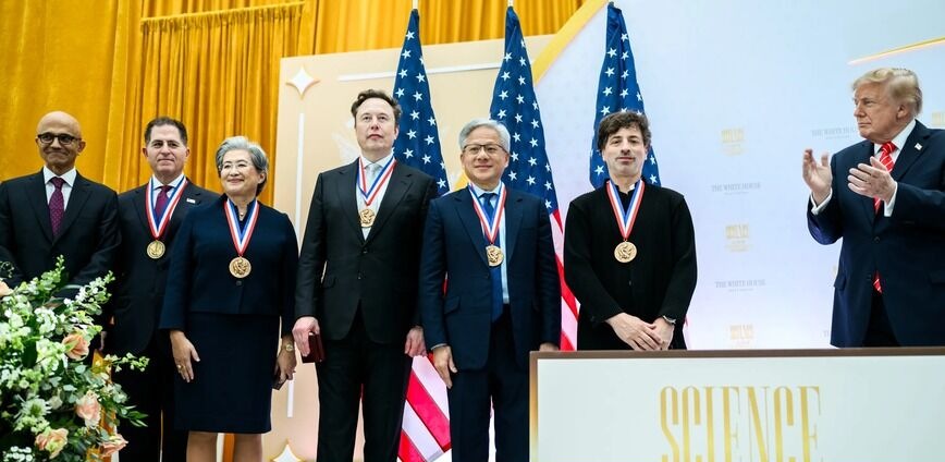 President Trump applauds the six recipients of the 2026 National Medals of Science and of Technology and Innovation on stage